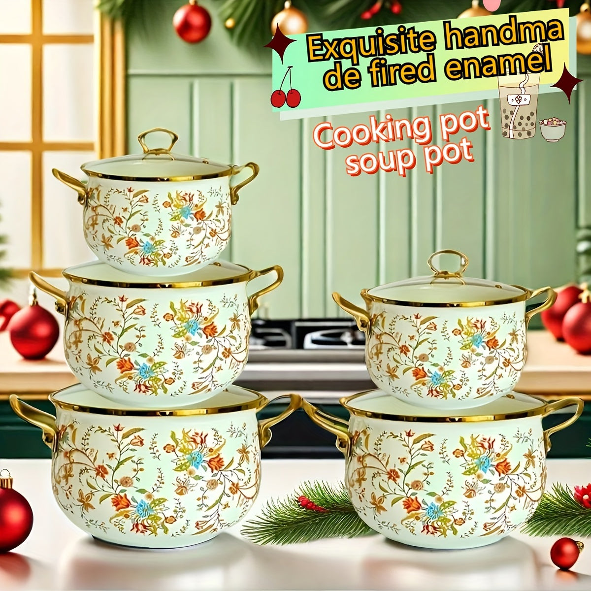 One piece of handmade enamel saucepan - Thick enameled pot perfect for stews, soups, serving at the table, and displaying in the kitchen - Spacious and easy to clean, suitable for gas, open flame, and induction cooktops.