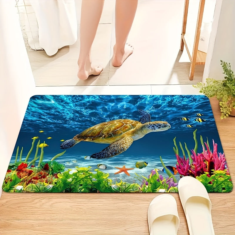 Soft Non-Slip Bath Rug featuring a Sea Turtle Pattern, Absorbent Carpet for Home Living Room Bathroom. Funny and Stylish Home Decor Accessory.