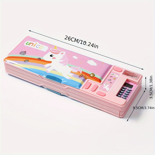 Multifunctional kids pencil case with calculator, desk organizer for pens, pencils, markers, office supplies, in pink and purple designs.