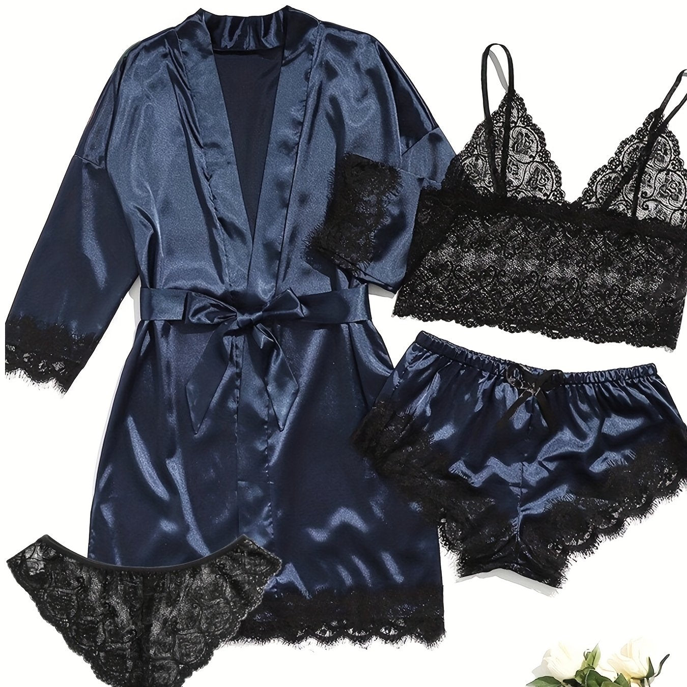 5-piece satin pajama set for women with lace detail, polyester sleepwear with belt, adult bedroom wear in multi-color