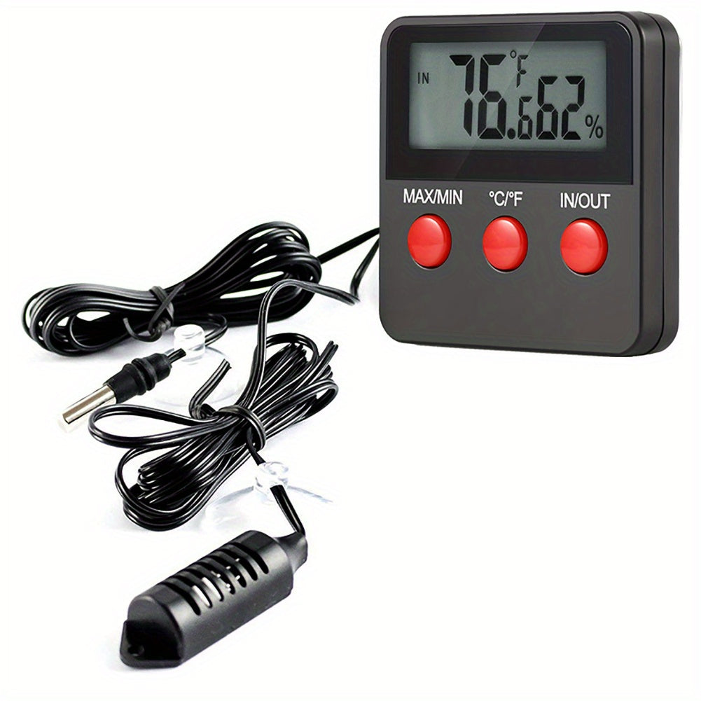 LCD display digital incubator thermohygrometer for hatching eggs equipped with a battery-powered plastic sensor. Includes outdoor pet temperature and humidity probe. Battery not included.