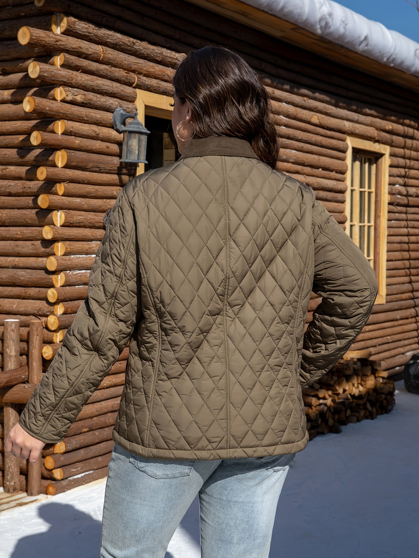 Stylish plus size lapel jacket in warm polyester with pockets for fall/winter. Quilted design, machine washable, and durable for everyday wear.