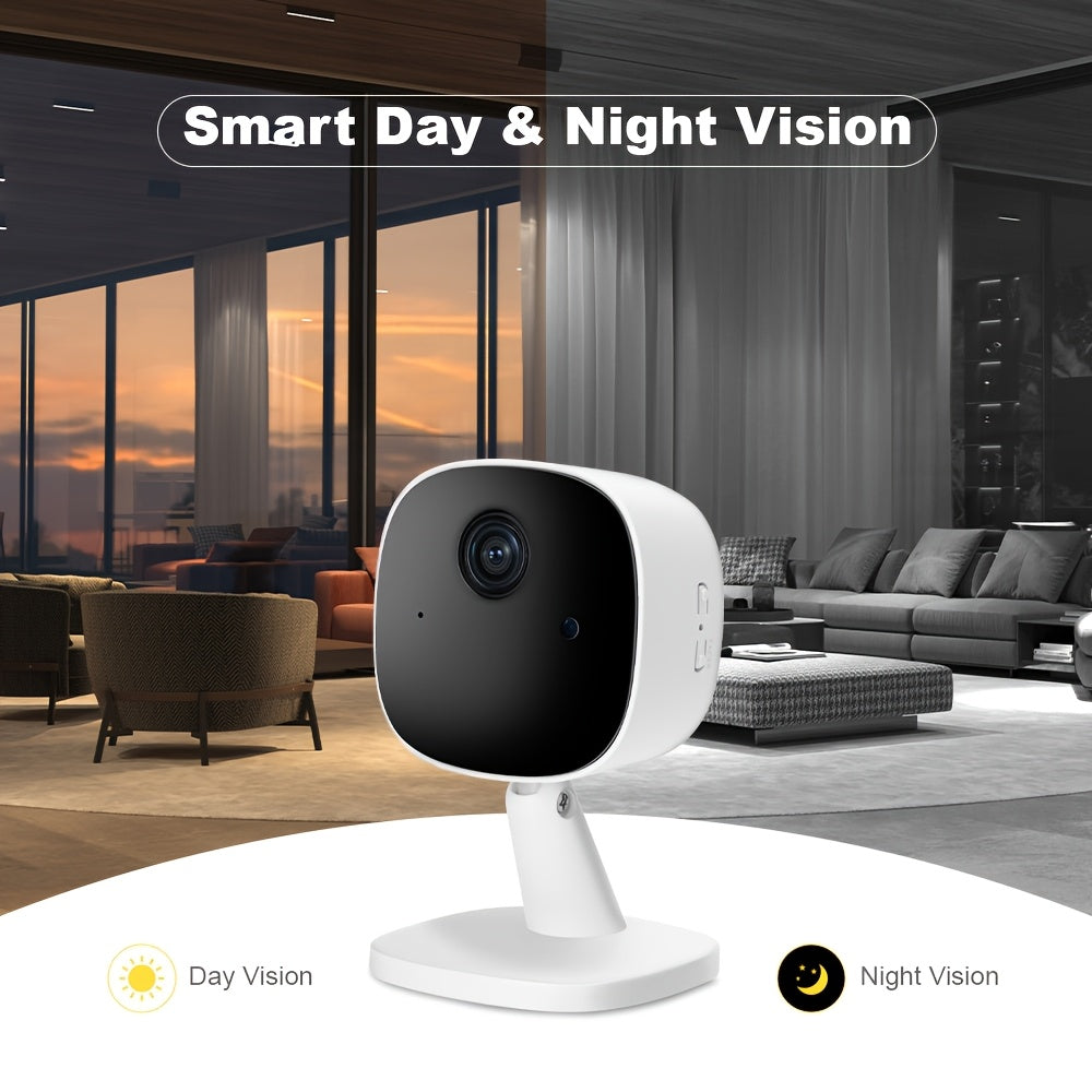 1080P HD WiFi camera with voice intercom, night vision, motion alerts, and remote mobile viewing. USB powered for indoor/outdoor surveillance. Sleek white design with high-definition lens