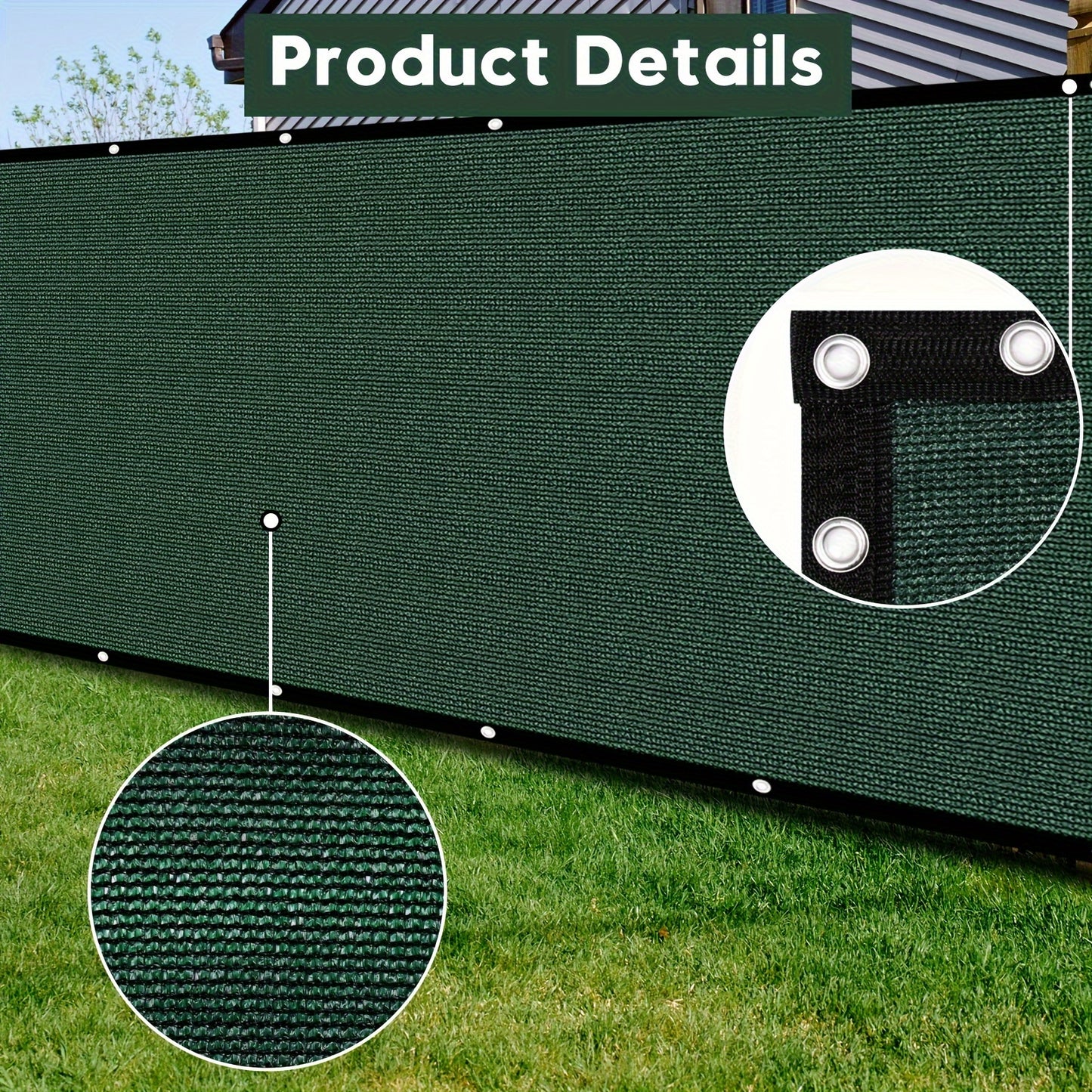 Heavy duty green plastic privacy fence with brass grommets and straps, perfect for balconies, yards, and pools. Provides 90% visibility blockage and acts as a pet protective barrier.