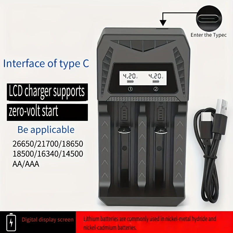 Universal USB Lithium Battery Charger compatible with various rechargeable batteries, with full voltage display.