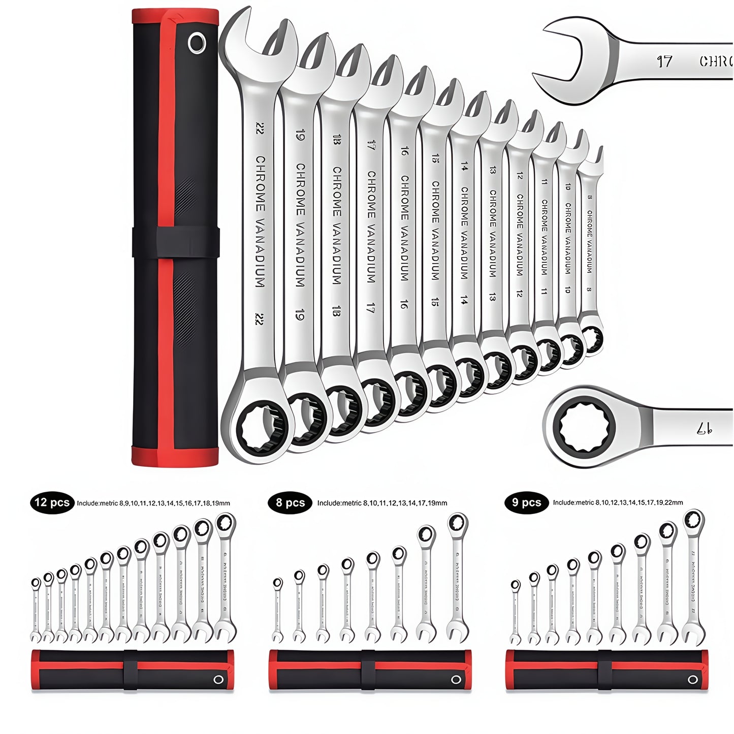 Wrench set with red and black bag, fixed head, ratchet design, open-end and hexagon wrenches, available in 8/9/12 pieces.