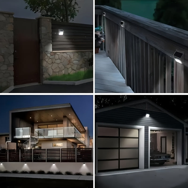 Solar powered motion sensor lights with rechargeable battery for outdoor security, suitable for garden, fence, patio, and garage. Available in sets of 4 or 8.