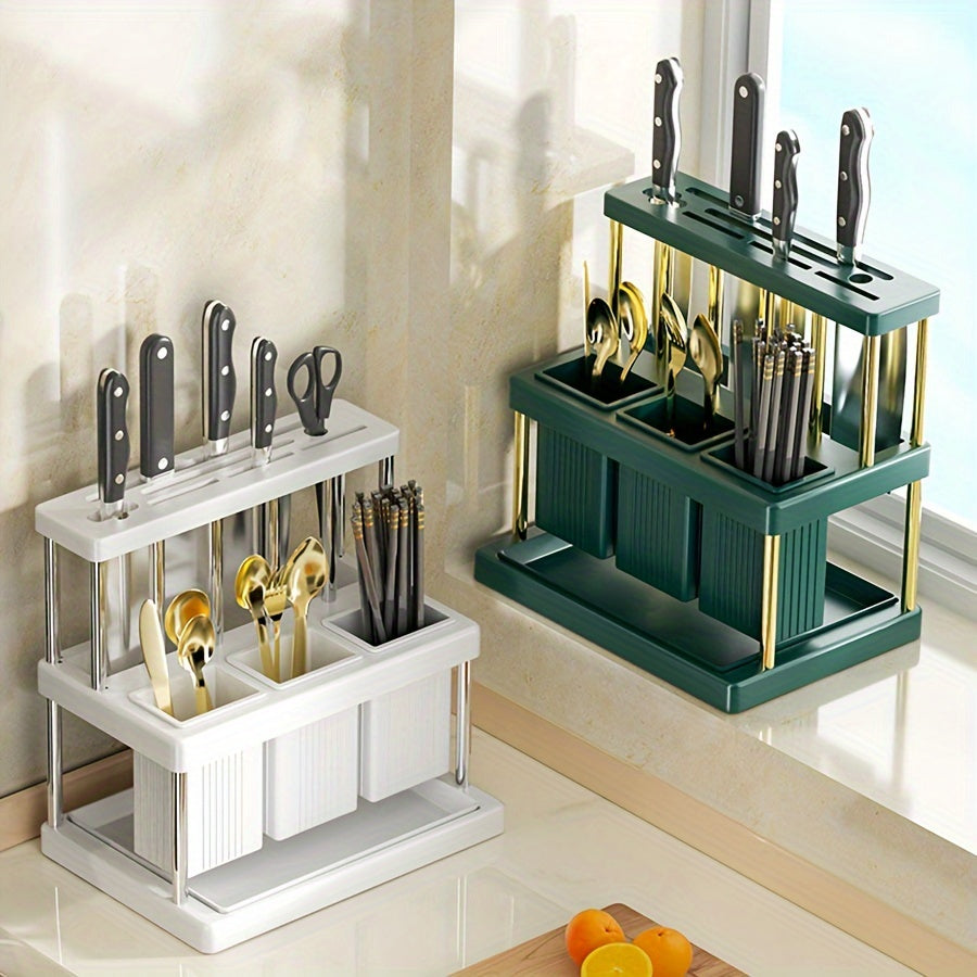 Knife and fork storage rack, with a slot for chopsticks, knives, spoons, and other kitchen accessories. Multi-functional countertop organizer for all your kitchen stuff.