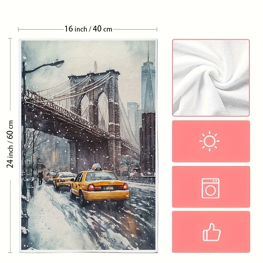 Get two ultra soft kitchen towels featuring a New York Cityscape winter scene. These highly absorbent and machine washable dish hand towels measure 40.64x60.96 cm. Add a contemporary style to your holiday decor with these absorbent dish towels made of