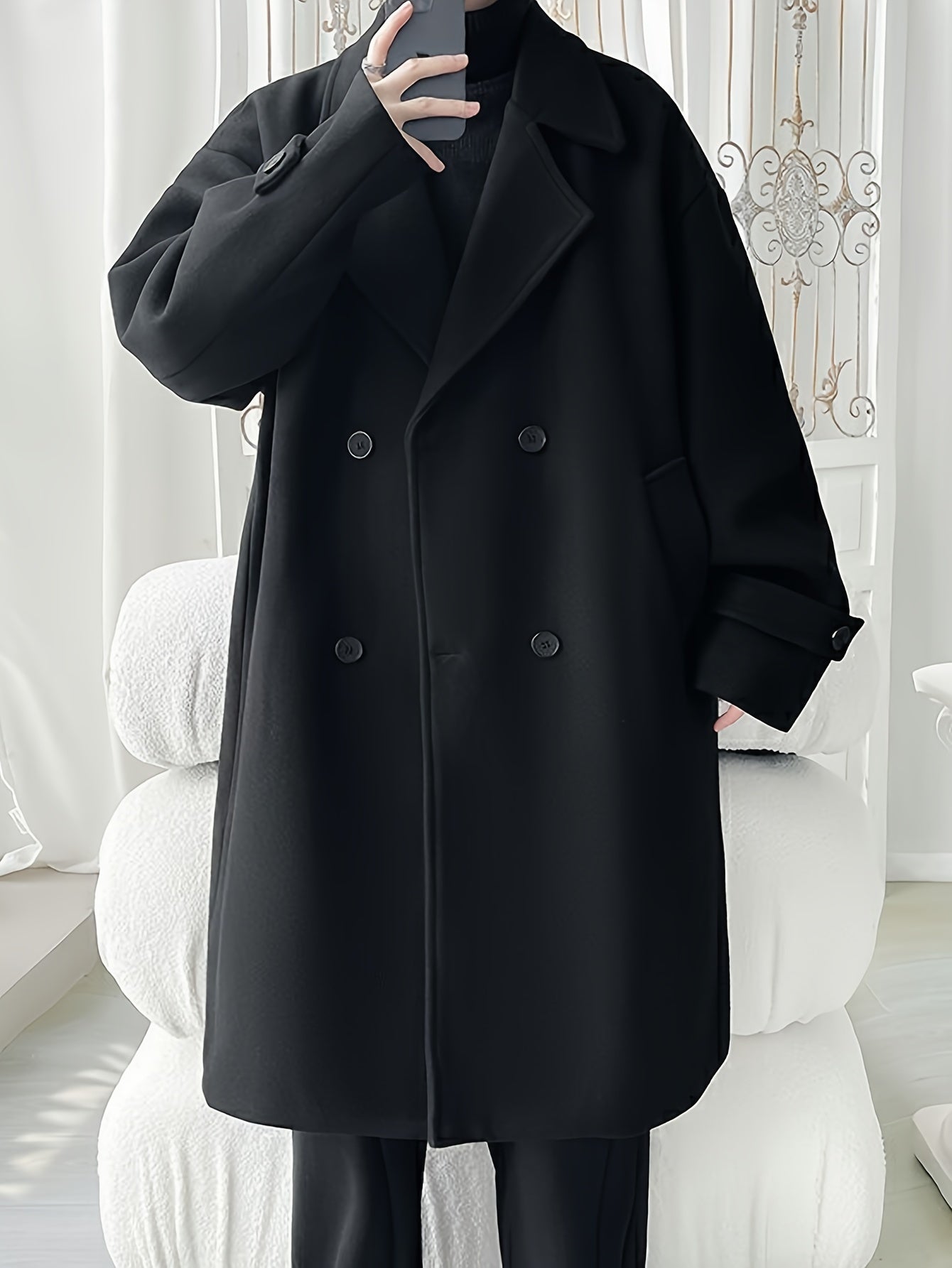 Men's Elegant Double-Breasted Overcoat - Casual Long Coat for Fall & Winter with Solid Color and Open Collar.