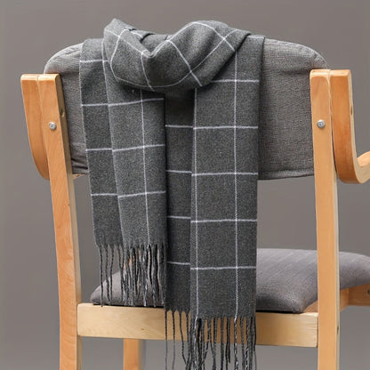 Men's imitation cashmere scarf with tassel detail in a fashion forward plaid pattern, perfect for couples looking to stay warm and stylish during the fall and winter months.