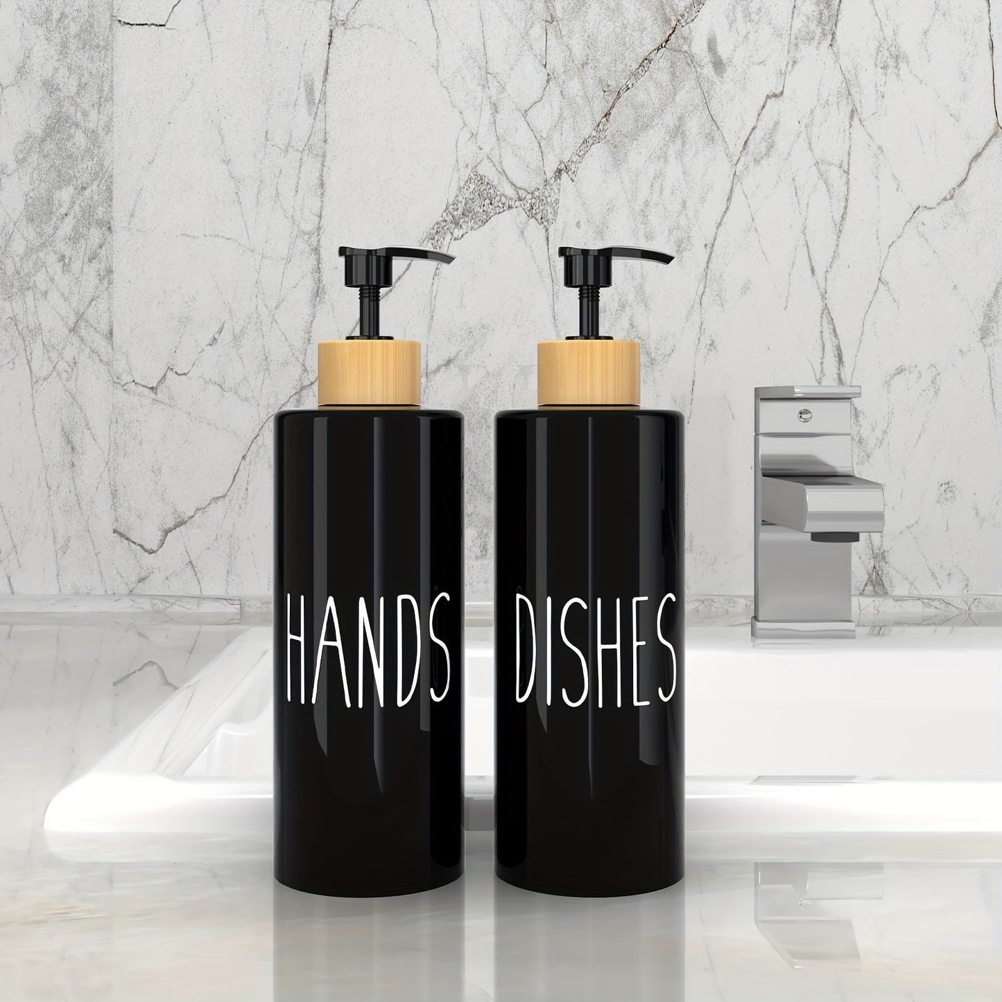 Set of 2 refillable soap dispensers with 16.91oz PET plastic bottles and wooden tray for kitchen use.