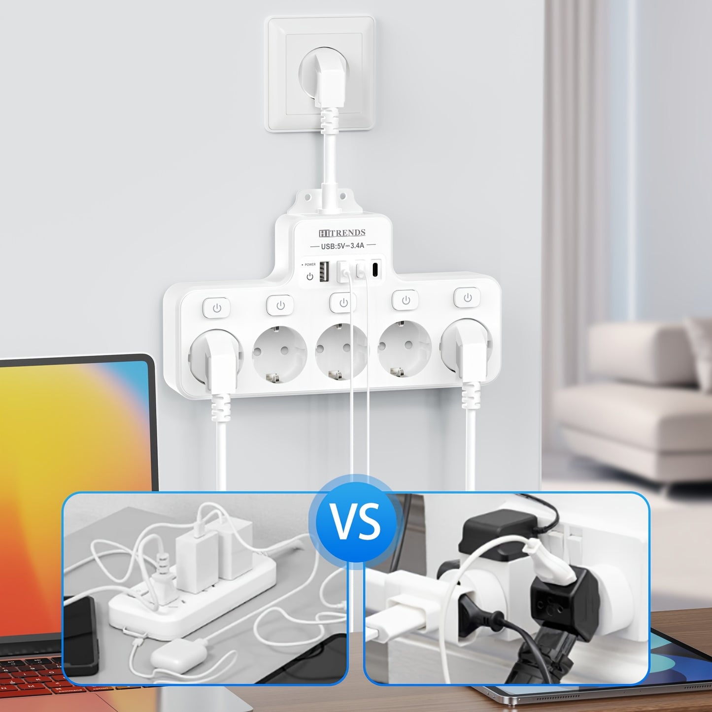 9in1 Power Strip with 5 AC Outlets, 4 USB Ports (2 TYPE-C), Independent Switch, Wall Mount for Home and Office.