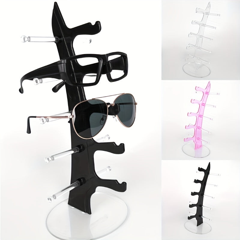 Sleek 5-Tier Acrylic Sunglasses Display Stand with Sturdy Base for Home & Retail Use. Clear Plastic Holder Keeps Glasses Organized and Easily Accessible.