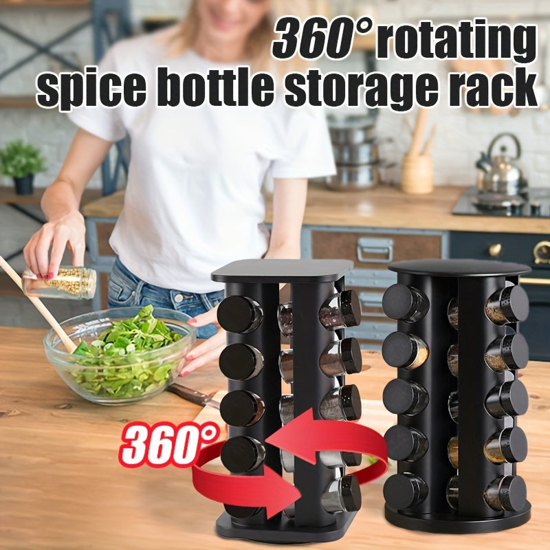 Spice Bottle Storage Rack with 360° Rotation: Holds 12/16/20 Jars for Kitchen Organization - Durable Metal Design for Countertop Placement