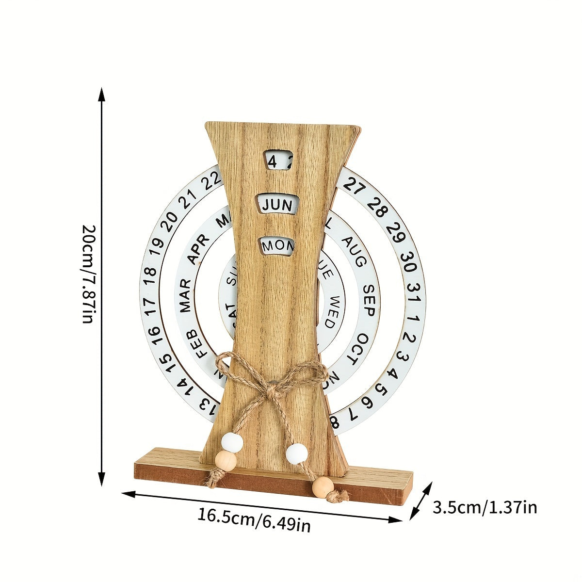 Handcrafted wooden perpetual desk calendar with moon ferris wheel design, weekly-monthly view, and rotatable manual date tracker. Ideal for home and office décor. 1 piece.