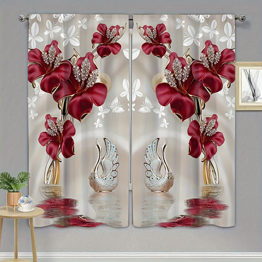 Two pieces of floral printed curtains with rod pocket design for window drapes, perfect for bedroom and living room window treatments. Ideal for home decor and room decoration.