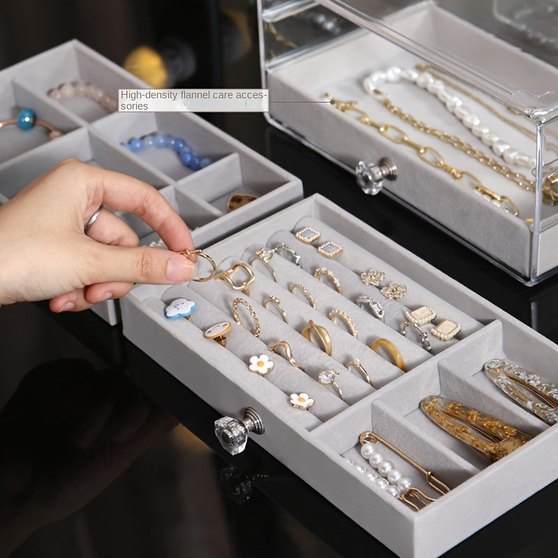 Transparent three-layer portable jewelry storage box with large capacity and dustproof drawers. Perfect for storing earrings, necklaces, and other jewelry. Ideal gift for Valentine's Day, Christmas, or any special occasion.