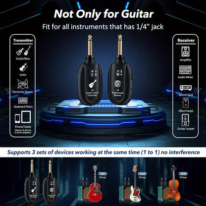 Wireless guitar system with rechargeable battery for various instruments - durable ABS material in black.