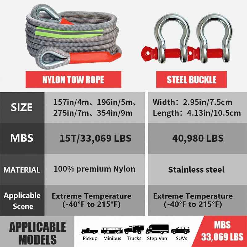 Durable Off-Road & SUV Towing Rope Set with U-Hooks and Storage Bag - 33,0.0g Capacity, Multiple Lengths (3.99m, 5.0m, 6.98m, 8.99m), Heavy-duty Trailer Hooks