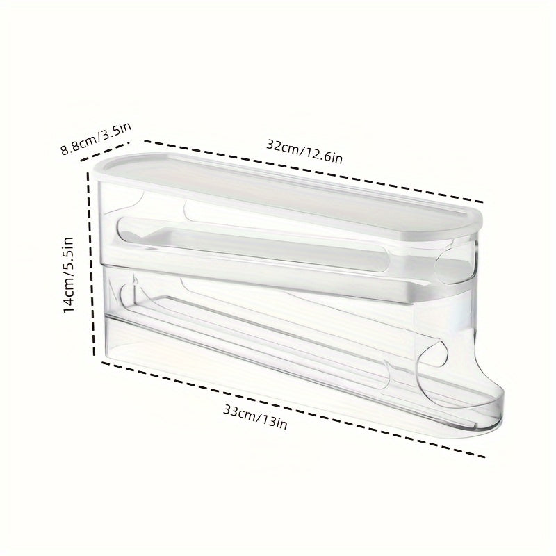 Introducing a convenient Double-Layer Transparent Automatic Rolling Egg Holder, perfect for the side door of your refrigerator. This innovative design makes accessing eggs a breeze, while also freeing up valuable space in your fridge. Versatile enough to