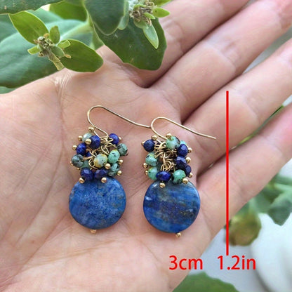 Stylish Antique-Inspired Gemstone Cluster Earrings - Deep Blue Denim & Emerald Green, Hanging Lapis Lazuli with African Turquoise Details for Casual and Special Occasions