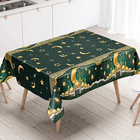 1pc Elegant Green & Golden Eid Mubarak Tablecloth - 130x220cm, featuring castle, moon, lantern & star design. Perfect for Ramadan & Eid celebrations, durable plastic machine-woven for