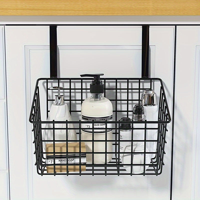 Over-the-door storage basket made of durable metal, easy to install and suitable for bathrooms, kitchens, and balconies. Comes in black or white.