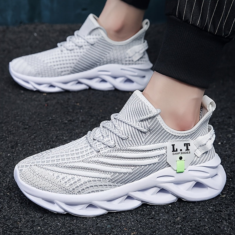 Men's Blade Knit Running Shoes: Breathable, Shock-Absorbing, Comfortable Lace-Up Sports Sneakers with Soft EVA Sole. Suitable for Outdoor Road Jogging. Casual Fashion Style. Low Top. Fabric