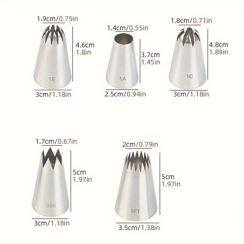 Top-selling set of 5 large flower-shaped piping tips for decorating cakes, biscuits, and other baked goods. Made of durable stainless steel.