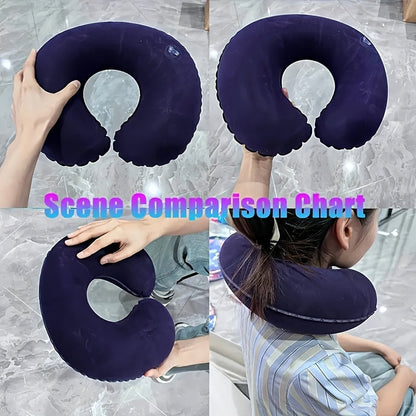 A pack of 1 or 3 ultra-comfortable inflatable C-shaped neck pillows, perfect for travel and car use. Made with soft velvet material, a zippered nylon cover, and is hand washable.