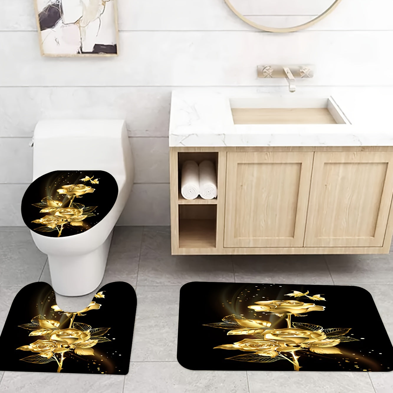 Black background and golden flower bathroom shower curtain set with toilet accessories.