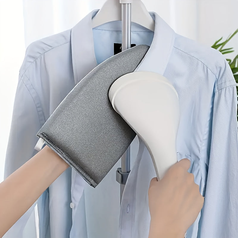 Portable handheld ironing board for home use, with a hanging garment steamer pad and small clothes ironing glove accessory.