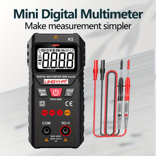 4000V digital multimeter with automatic/manual modes for AC/DC voltage and resistance testing. Made of plastic, battery powered (batteries not included). High precision of 0.1, suitable for