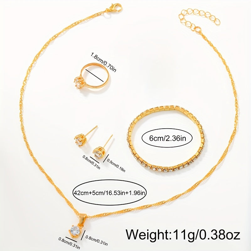 6-piece women's golden-toned quartz watch & jewelry set with rhinestone detailing, includes wristwatch, necklace, bracelet, ring, and earrings, ideal gift set with vintage style.