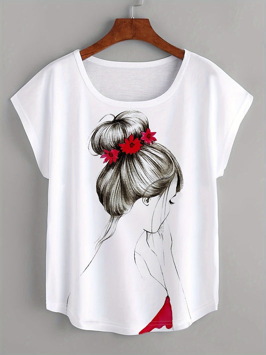 Girl print short sleeve t-shirt for spring & summer, casual crew neck top.