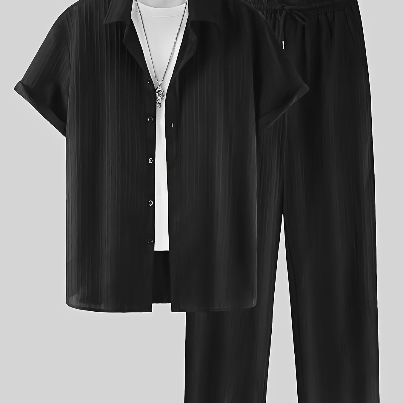 Stylish men's two-piece set with striped button shirt and drawstring pants - ideal for casual outdoor wear