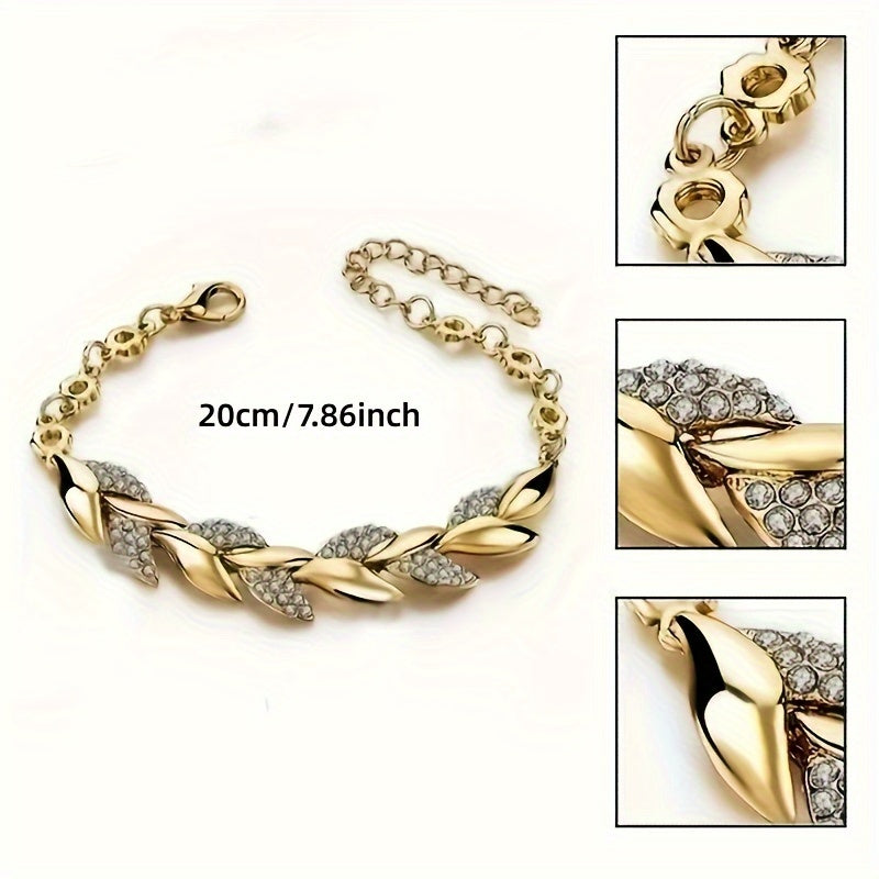 Leaf-themed 2-piece alloy bracelet set with rhinestone design, ideal for daily wear or gifting.