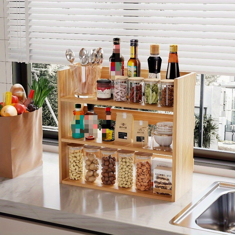 Wooden Multi-Tier Spice Rack Organizer - Keep Your Kitchen Countertop Tidy with this Space-Saving Storage Solution for Seasonings, Oils, and Vinegar