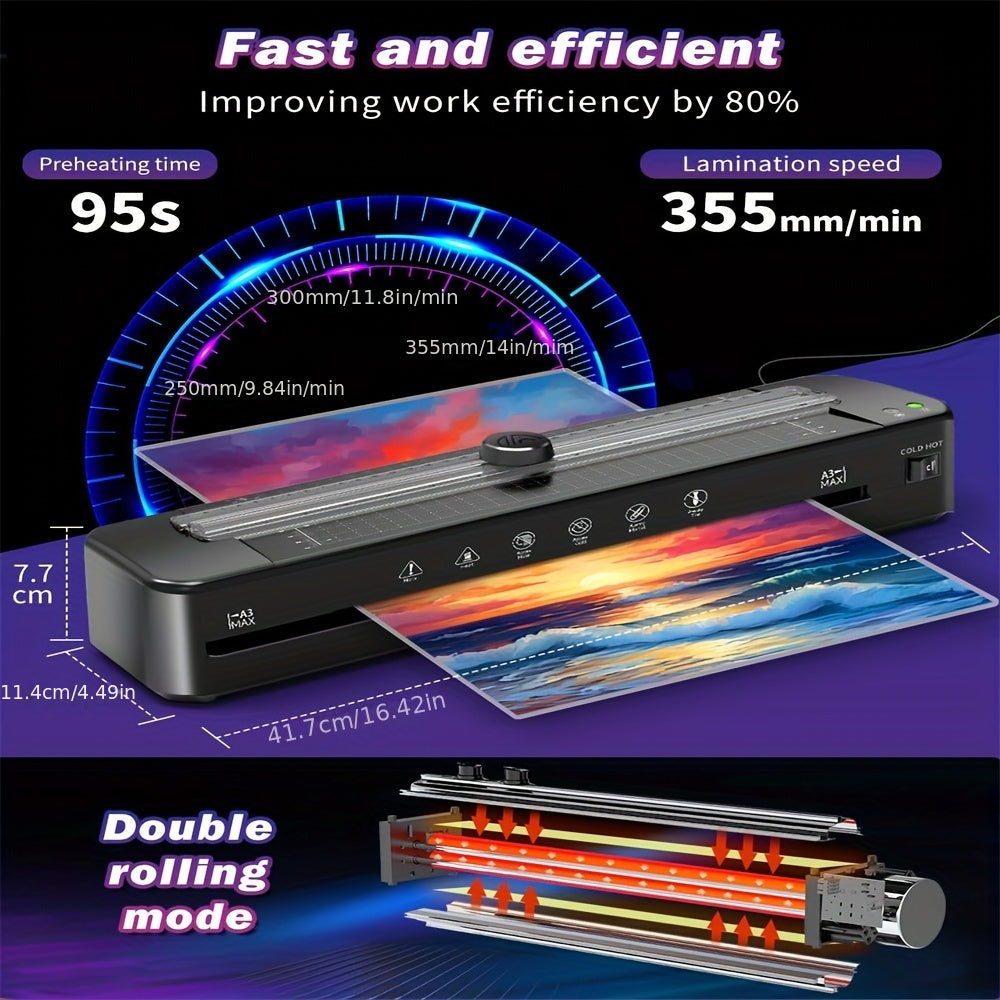 Quickly heat A3 laminator with EU plug, includes 50 pouches and features cold & thermal options, built-in slicer & corner rounder for office, school, or home use.