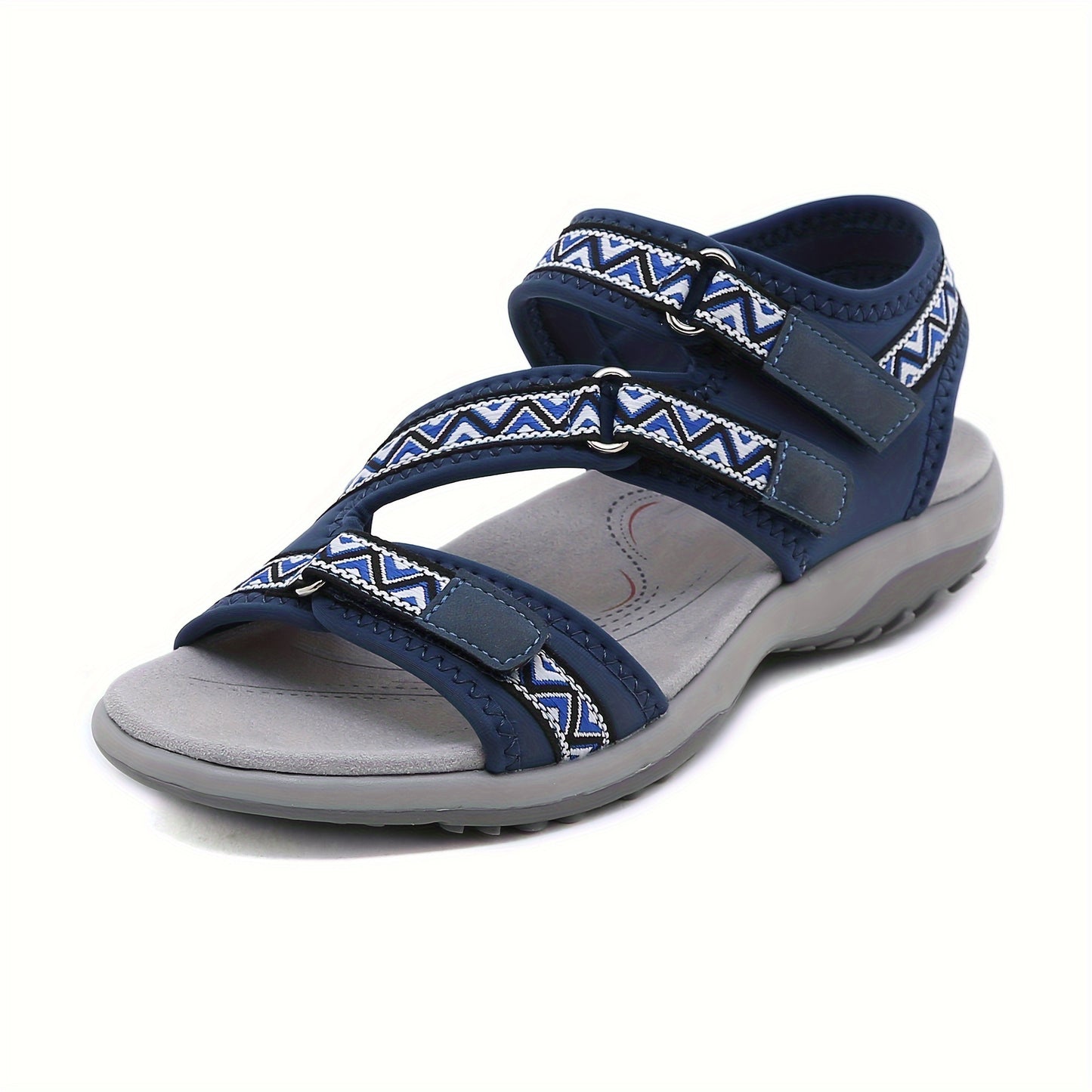 Women's flat sandals with hook-and-loop fastener, open toe ankle strap, fabric upper and inner, non-slip TPR sole, low heel, ethnic trim, comfortable for all seasons.