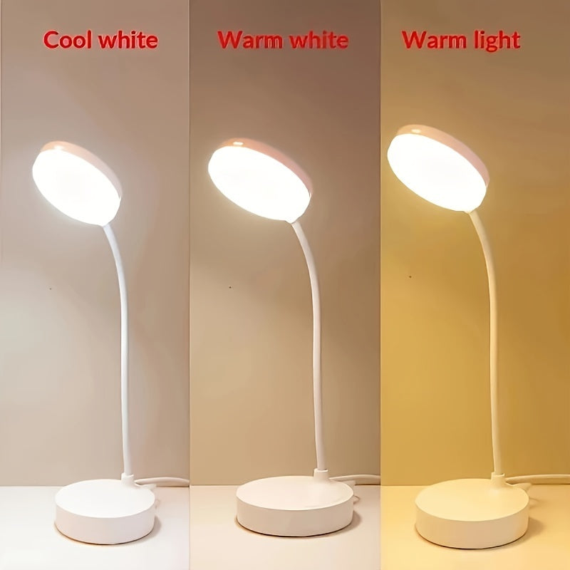 Touch-controlled LED desk lamp with adjustable brightness levels, USB powered, eye-friendly technology, in modern white and warm light options.