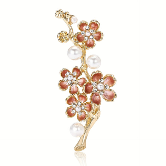 Stylish Floral Branch Brooch adorned with Pearls and Enamel, Trendy Alloy Flower Pin for Women's Fashion Accessory