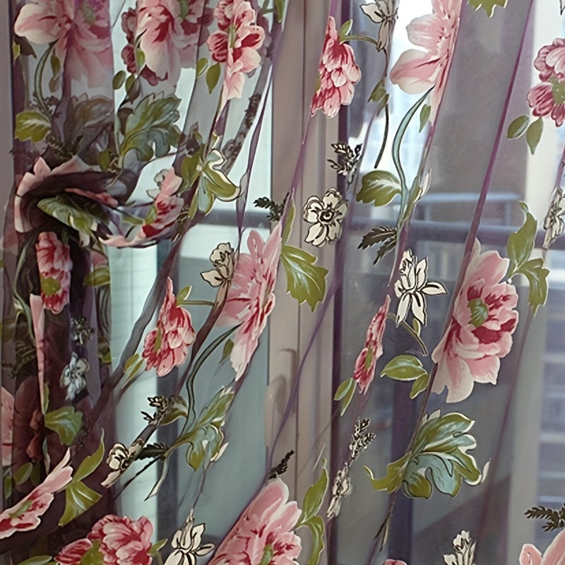 French Country Style Peony Floral Sheer Curtain - 100cm x 200cm Rod Pocket Window Treatment, machine washable for Bedroom & Living Room