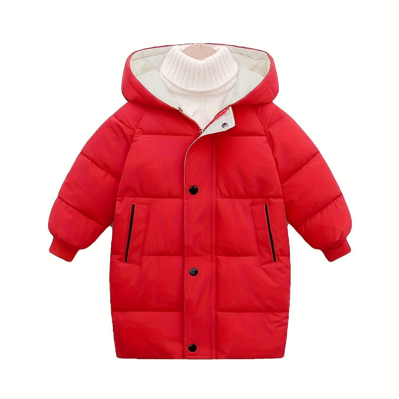 Unisex mid-length hooded padded coat with solid color polyester outerwear, crew neck, long sleeves, and zipper details. Ideal for fall/winter, perfect gift for kids.