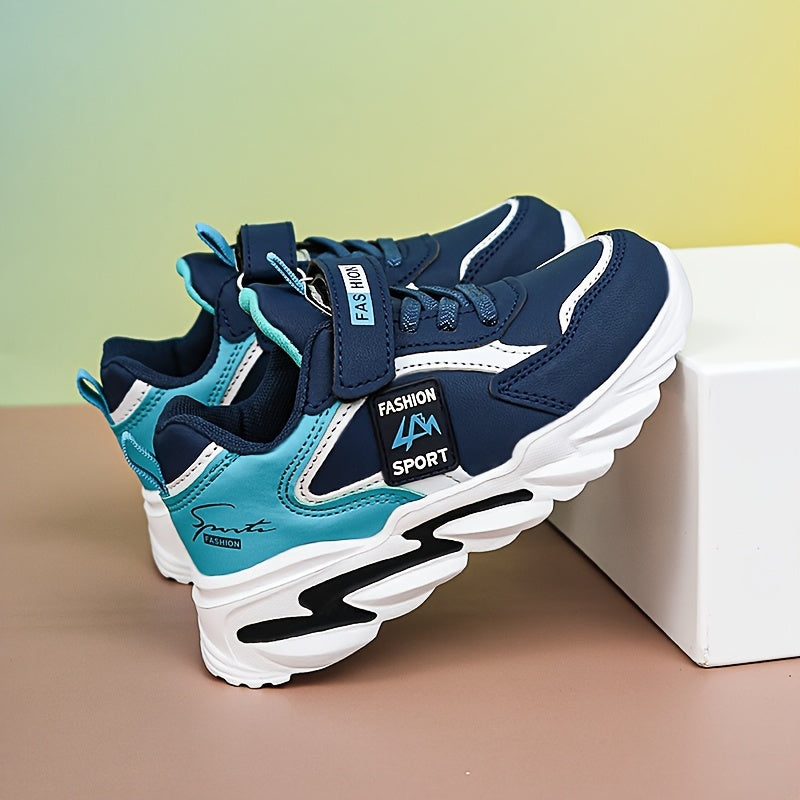 Boys' navy blue and turquoise sneakers with hook-and-loop closure, ideal for school, sports, and casual wear.