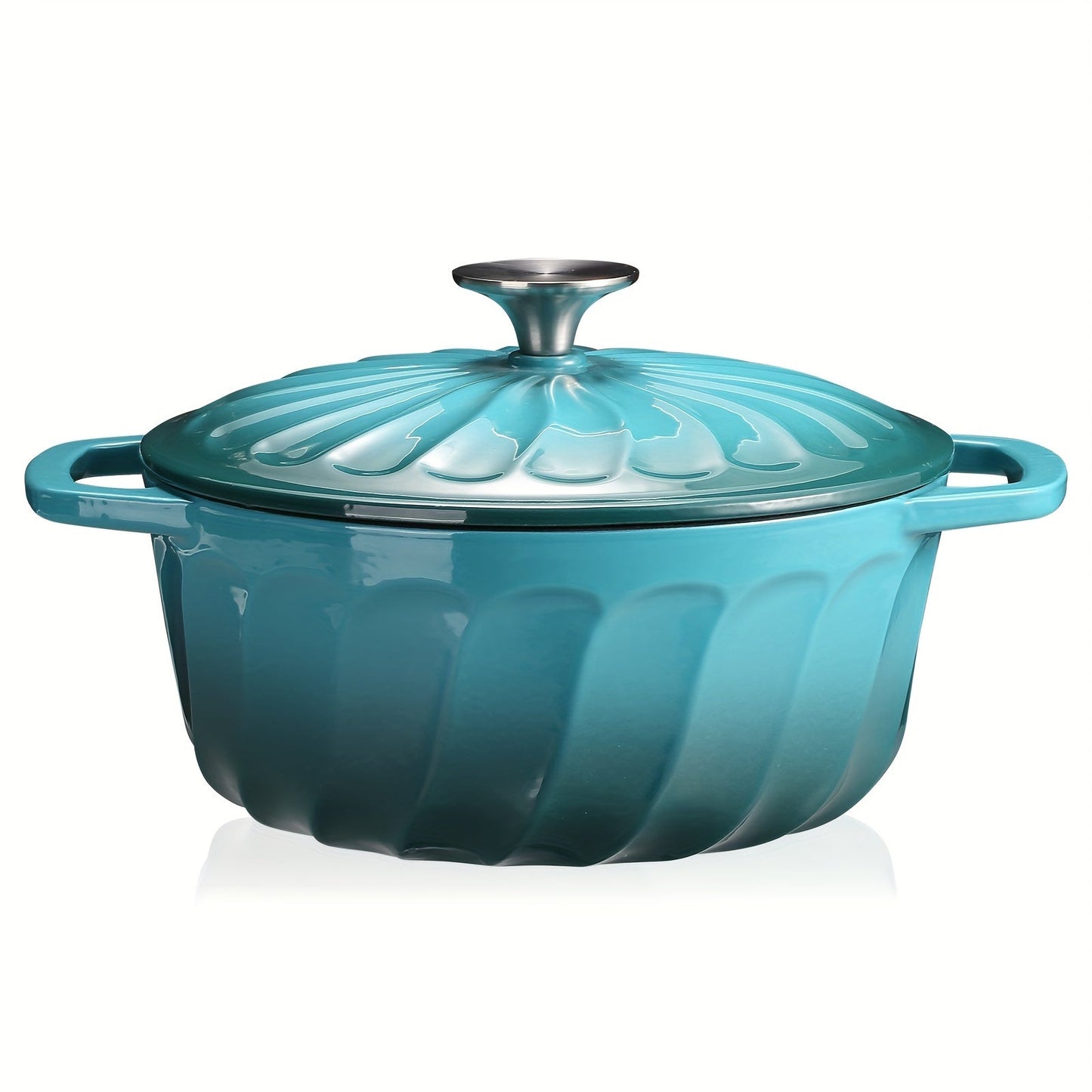 Turquoise blue enameled cast iron Dutch oven with lid, perfect for cooking on the stove or in the oven. This round casserole dish measures 28.45cm and is ideal for all your cooking needs.