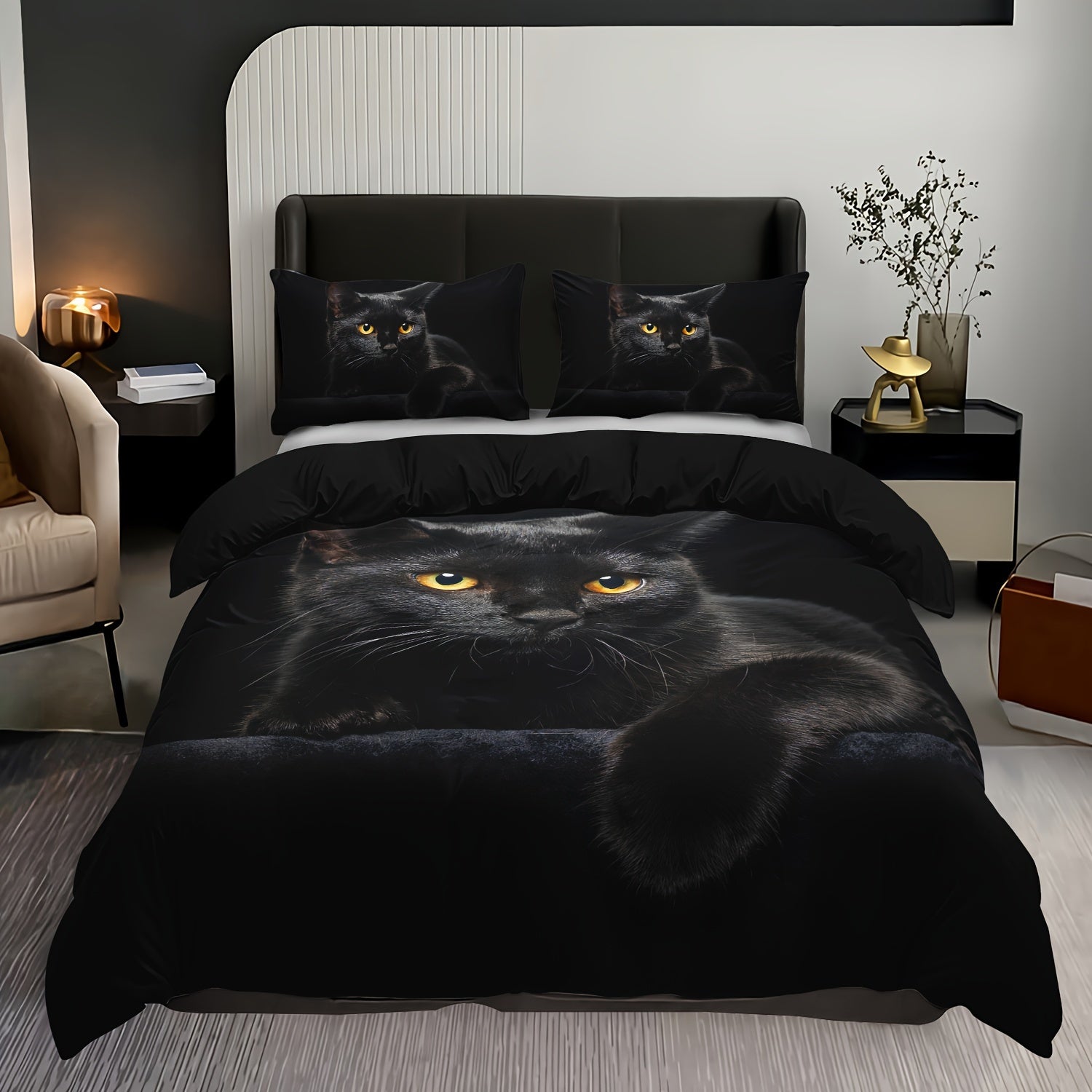 3 piece black cat quilt cover set with digital print, includes 1 quilt cover and 2 pillowcases. Soft and breathable, perfect for bedroom or dormitory. Pillow core not included.