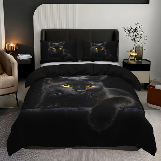 3 piece black cat quilt cover set with digital print, includes 1 quilt cover and 2 pillowcases. Soft and breathable, perfect for bedroom or dormitory. Pillow core not included.