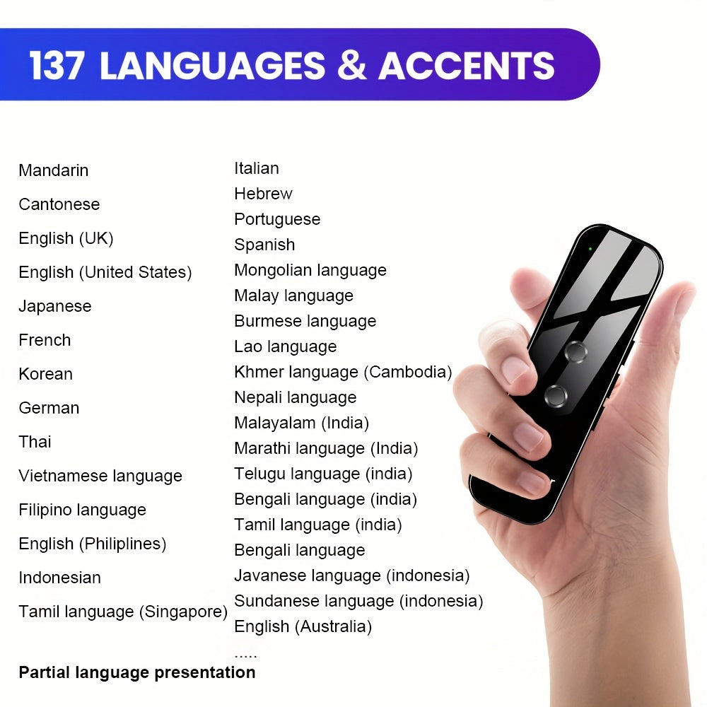 Compact language translator for travel, learning, and business, with USB charging, Wi-Fi capabilities, and a rechargeable battery.